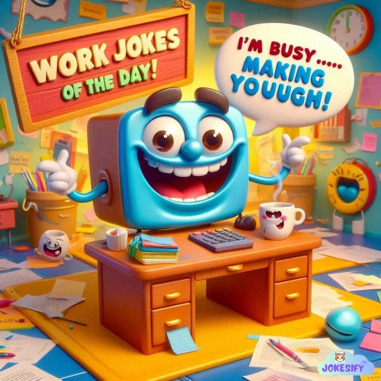 Cheerful blue computer on a desk, holding a sign "WORK JOKES OF THE DAY!"